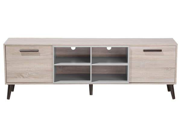 TV Bord Lys Grå Spånplade og Mørkt Gummitræ 180 x 40 x 60 cm Smal Lille Fjernsynsbord Opbevaring Koniske Ben Tvbænk Retro Skandinavisk Dekor