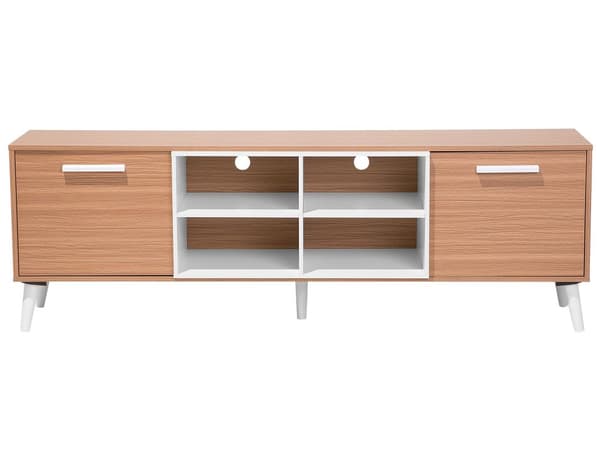 TV Bord Brun Spånplade og Hvid Gummitræ 180 x 40 x 60 cm Smal Lille Fjernsynsbord Opbevaring Koniske Ben Tvbænk Retro Skandinavisk Dekor