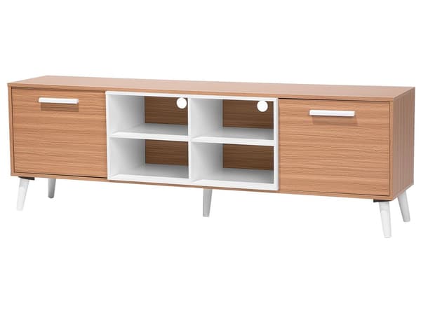 TV Bord Brun Spånplade og Hvid Gummitræ 180 x 40 x 60 cm Smal Lille Fjernsynsbord Opbevaring Koniske Ben Tvbænk Retro Skandinavisk Dekor