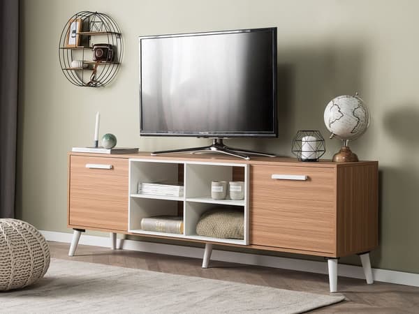 TV Bord Brun Spånplade og Hvid Gummitræ 180 x 40 x 60 cm Smal Lille Fjernsynsbord Opbevaring Koniske Ben Tvbænk Retro Skandinavisk Dekor