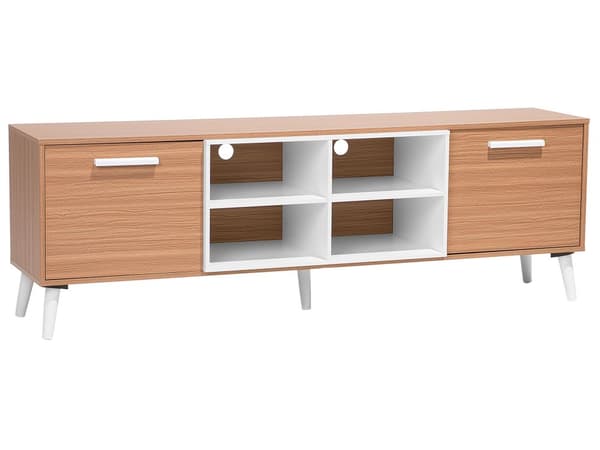 TV Bord Brun Spånplade og Hvid Gummitræ 180 x 40 x 60 cm Smal Lille Fjernsynsbord Opbevaring Koniske Ben Tvbænk Retro Skandinavisk Dekor