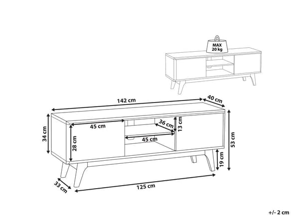 TV Bord Hvid Mørkt Træ 53 x 142 cm Moderne Fjernsynsbord TV Skænk med Opbevaring Døre Hylder Kabelgennemførelse Stue Møbel Indretning