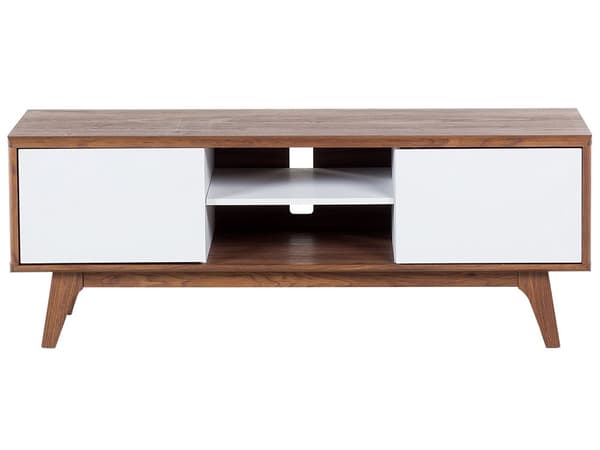 TV Bord Hvid Mørkt Træ 53 x 142 cm Moderne Fjernsynsbord TV Skænk med Opbevaring Døre Hylder Kabelgennemførelse Stue Møbel Indretning