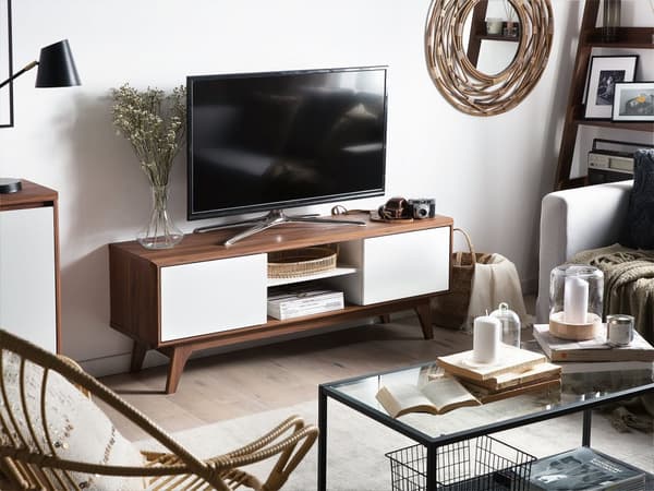 TV Bord Hvid Mørkt Træ 53 x 142 cm Moderne Fjernsynsbord TV Skænk med Opbevaring Døre Hylder Kabelgennemførelse Stue Møbel Indretning