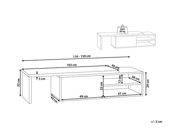 TV-taso valkoinen tumma puu 110-159 x 32 x 40 cm MDF-levy hyllyt liukuovi säädettävä