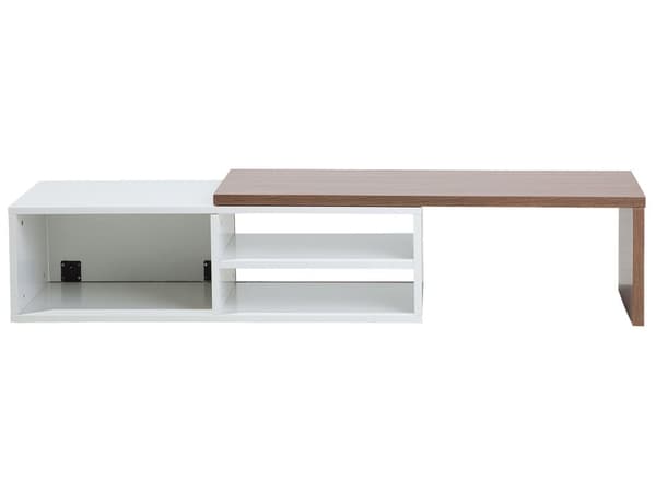 TV-taso valkoinen tumma puu 110-159 x 32 x 40 cm MDF-levy hyllyt liukuovi säädettävä
