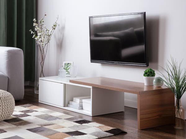 TV-taso valkoinen tumma puu 110-159 x 32 x 40 cm MDF-levy hyllyt liukuovi säädettävä