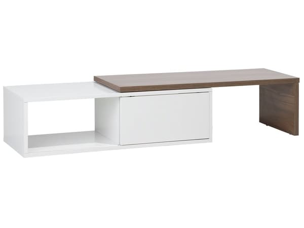 TV-taso valkoinen tumma puu 110-159 x 32 x 40 cm MDF-levy hyllyt liukuovi säädettävä