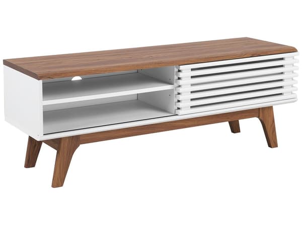 TV-taso tumma puu valkoinen MDF lastulevy 117 x 35 x 44 cm liukuovella neljä hyllyä moderni retro tyyli