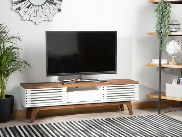 TV bänk Mörk trä Vit TV upp till 67ʺ Rekommenderas 5 Hyllor Låda Modern