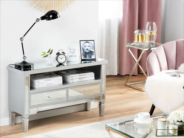 Speglat Sidobord Silver med 2 Lådor med Kristallknoppar