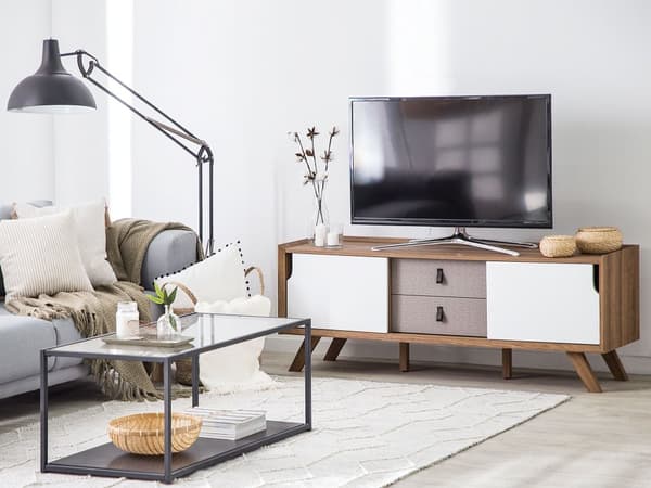 Tv-bänk Ljus Träfanér 56 x 147 x 42 cm med 2 Vita Skjutdörrar och 2 Grå Lådor