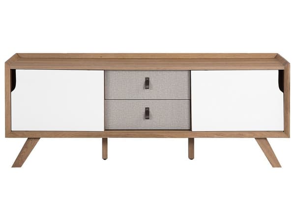 Tv-bänk Ljus Träfanér 56 x 147 x 42 cm med 2 Vita Skjutdörrar och 2 Grå Lådor