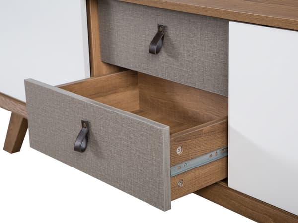 Tv-bänk Ljus Träfanér 56 x 147 x 42 cm med 2 Vita Skjutdörrar och 2 Grå Lådor