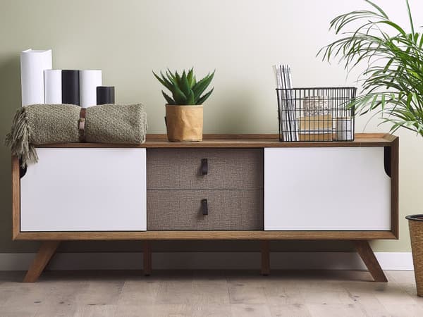 Tv-bänk Ljus Träfanér 56 x 147 x 42 cm med 2 Vita Skjutdörrar och 2 Grå Lådor