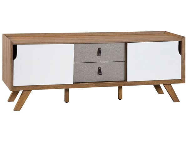 Tv-bänk Ljus Träfanér 56 x 147 x 42 cm med 2 Vita Skjutdörrar och 2 Grå Lådor