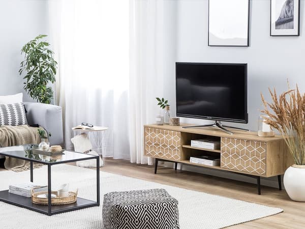 TV bänk Ljus Träfanér för upp till 60ʺ TV med 2 Lådor och Öppen Hylla