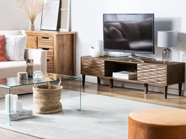 TV-taso tumma puu MDF lastulevy mahonki 160 x 40 x 46 cm kaapeilla hyllyllä kaapeliläpivienti rustiikkinen tyyli