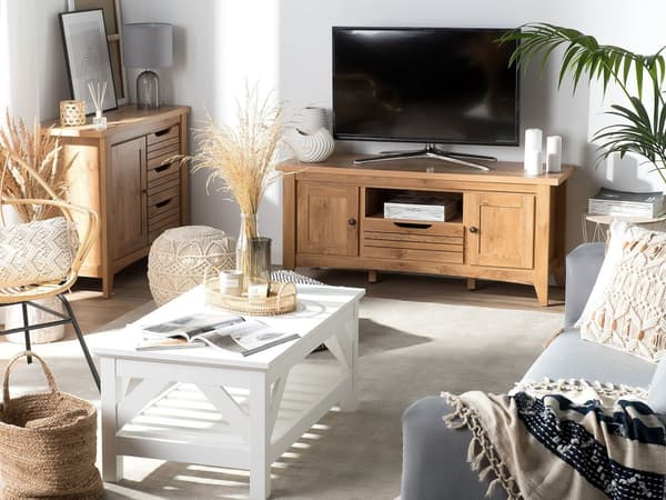 TV-taso vaalea puu MDF lastulevy 138 x 43 x 60 cm kaapeilla laatikolla hyllyllä kaapeliläpivienti rustiikkinen tyyli