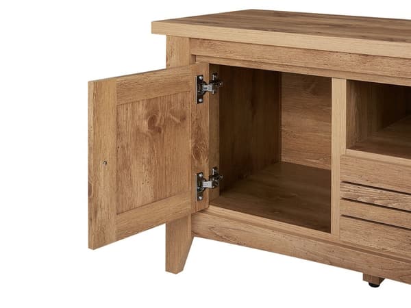 TV-taso vaalea puu MDF lastulevy 138 x 43 x 60 cm kaapeilla laatikolla hyllyllä kaapeliläpivienti rustiikkinen tyyli