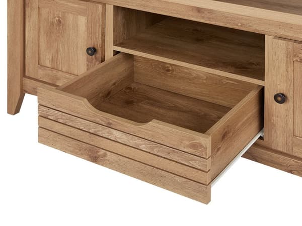 TV-taso vaalea puu MDF lastulevy 138 x 43 x 60 cm kaapeilla laatikolla hyllyllä kaapeliläpivienti rustiikkinen tyyli