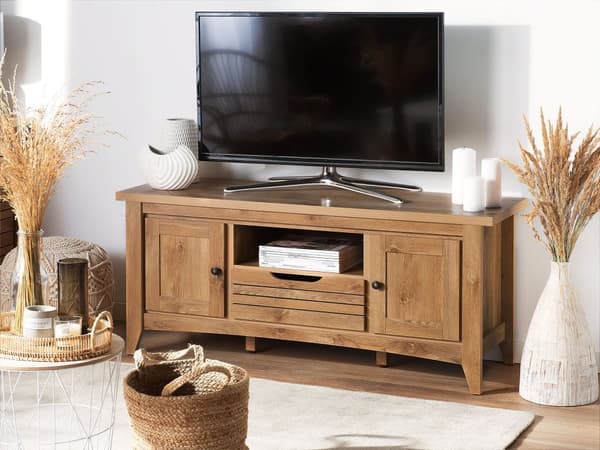 TV-taso vaalea puu MDF lastulevy 138 x 43 x 60 cm kaapeilla laatikolla hyllyllä kaapeliläpivienti rustiikkinen tyyli