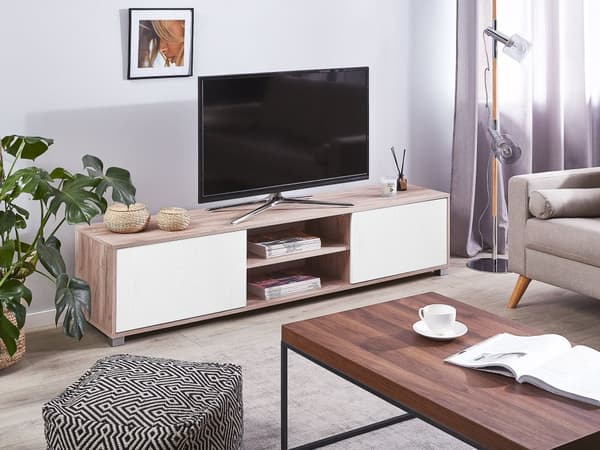 TV Bord Lyst Træ Hvid 180 x 41 x 41 cm Dekorativ Lav Smal Fjernsynsbord Dør Skab Hylder Opbevaring Op til 81ʺ TVbænk Minimalistisk Stil