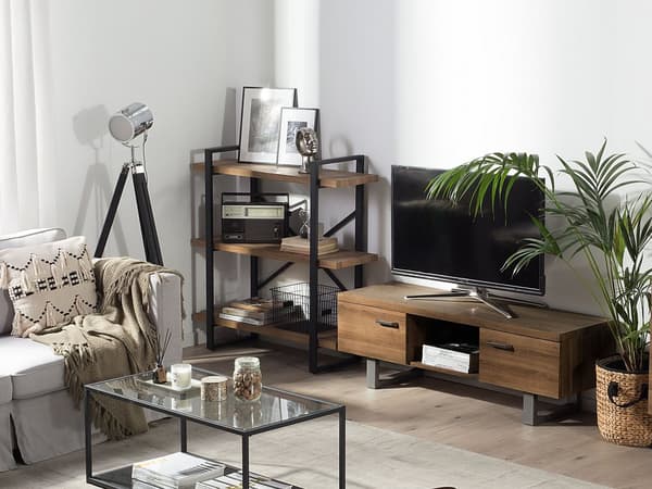 TV-Stander Mørkt Træ med Grå Metalbund Opbevaringshyldeskabe Industriel Kabelstyring Minimalistisk Medieenhed