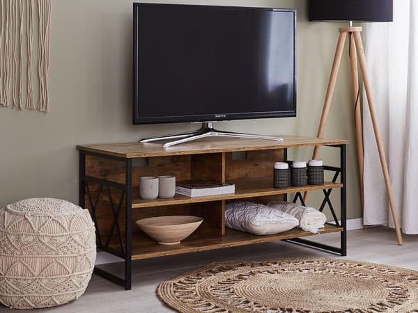 TV Stander Skab Mørkt Træ Metal 4 Hylder Opbevaringsenhed Dagligstue Moderne Stil