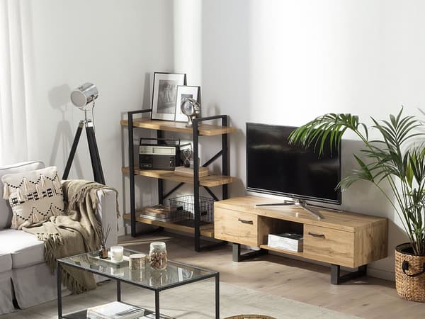 TV-bänk Ljust trä Grå Metallbas Förvaringshylla Skåp Industriell Minimalistisk mediaenhet