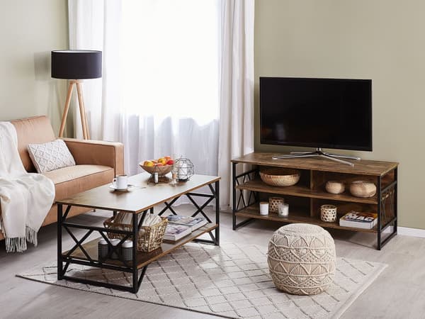 TV RTV bänk Byrå Mörk trä Metall och Spånskiva 4 Hyllor Förvaring Vardagsrum Modern Industriell