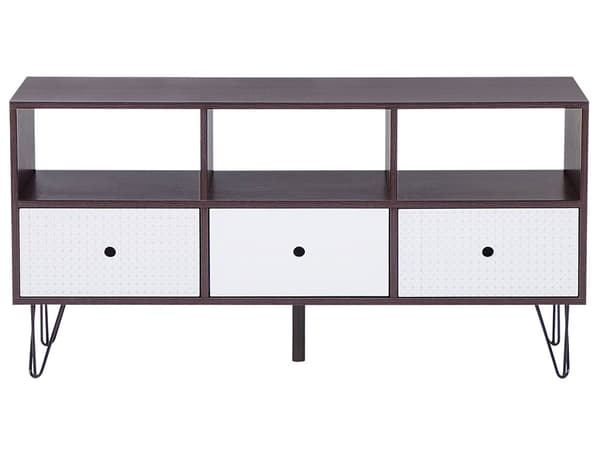 TV Bord Mørkt Træ Hvid og Sort Metalstel 120 x 35 x 60 cm Fjernsynsbord med Hylder Skuffer Opbevaring Tv Møbel Modul Moderne Stue Design Dekor