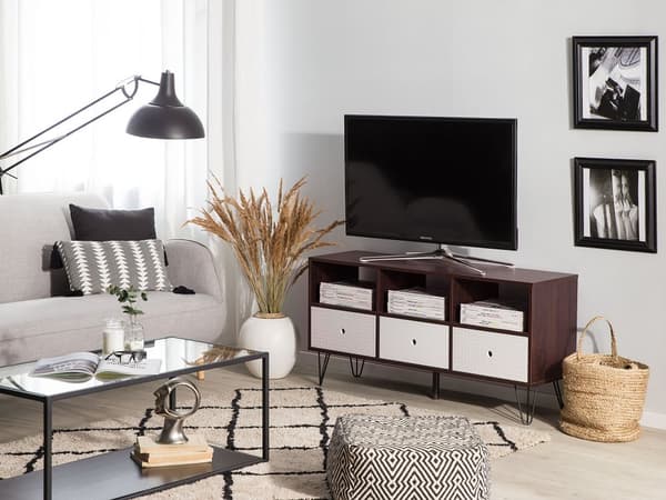 TV Bord Mørkt Træ Hvid og Sort Metalstel 120 x 35 x 60 cm Fjernsynsbord med Hylder Skuffer Opbevaring Tv Møbel Modul Moderne Stue Design Dekor