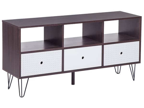 TV Bord Mørkt Træ Hvid og Sort Metalstel 120 x 35 x 60 cm Fjernsynsbord med Hylder Skuffer Opbevaring Tv Møbel Modul Moderne Stue Design Dekor