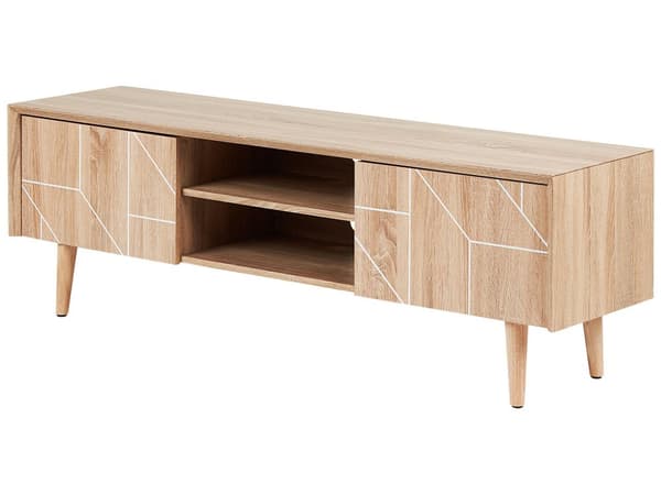 TV Bord Lyst Træ 150 x 39 x 51 cm Fjernsynsbord med Skab Dør Hylde op til 70ʺ Opbevaring Tvbænk Koniske Ben Skandinavisk Minimalistisk Design