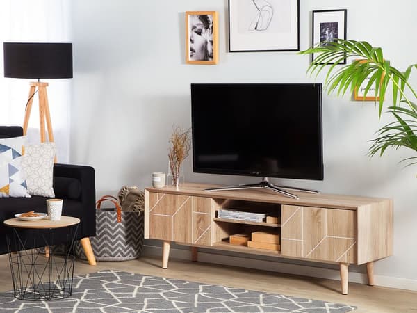 TV Bord Lyst Træ 150 x 39 x 51 cm Fjernsynsbord med Skab Dør Hylde op til 70ʺ Opbevaring Tvbænk Koniske Ben Skandinavisk Minimalistisk Design