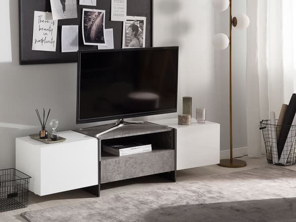 TV Bord Grå Hvid Sort Fineret MDF Beton Effekt Lav Fjernsynsbord med LED Lys Tvbænk Opbevaring Hylde Skuffeskabe Design Mediemøbel