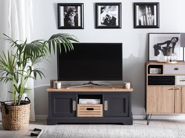 TV Bord Grå og Lyst Træ 50 x 120 x 40 cm Fjernsynsbord med Dør Skab Skuffe Hylde Opbevaring op til 52ʺ Stue Tilbehør Tvbænk