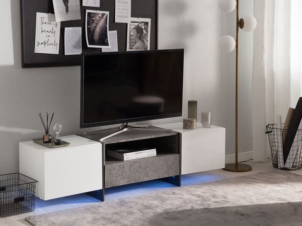 TV Bänk Betong Effekt och Vit Fanerad med LED Ljus Förvaring Hylla Låda Byrå Industriell