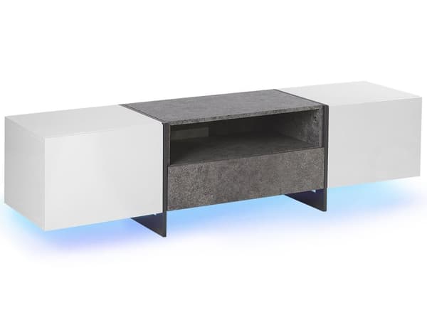 TV Bänk Betong Effekt och Vit Fanerad med LED Ljus Förvaring Hylla Låda Byrå Industriell
