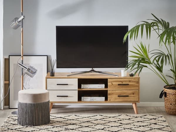 TV-taso vaalea puu MDF-levy pyökki 120 x 40 x 49 cm laatikoilla hyllyillä perinteinen tyyli