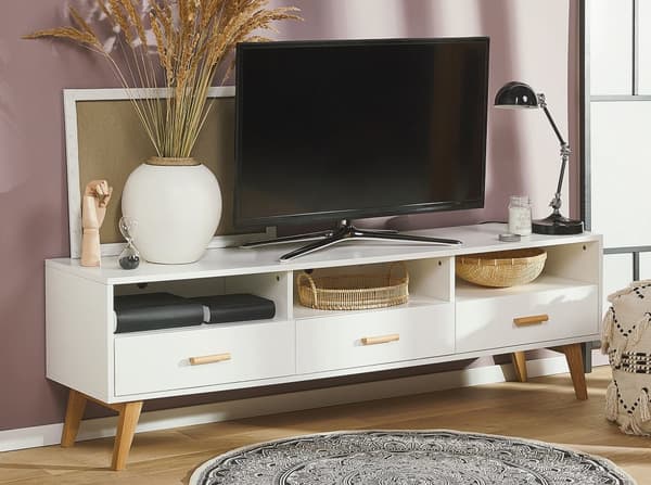 TV bänk Vit med Ljus trä 55 x 180 x 40 cm med Hyllor och Lådor