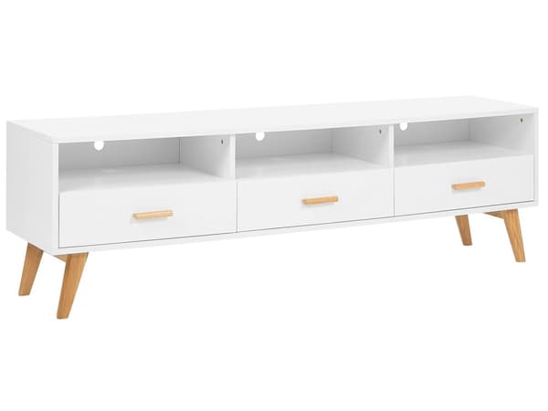 TV bänk Vit med Ljus trä 55 x 180 x 40 cm med Hyllor och Lådor
