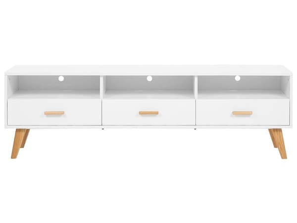 TV Bord Hvid Lyst Træ MDF 55 x 180 x 40 cm Lav Smal Fjernsynsbord med Hylder og Skuffer til Stue Tvbænk Fladskærm med Hylder og Skuffer