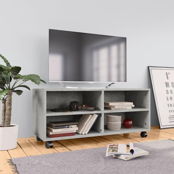 vidaXL TV-benk med hjul betonggrå 90x35x35 cm konstruert tre
