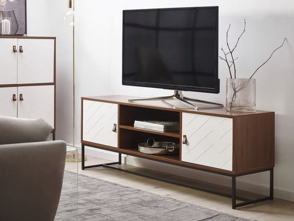 TV-Stander Mørkt Træ Hvide Låger Metalben Rektangulær Hylder Kabelstyring Stuemøbler