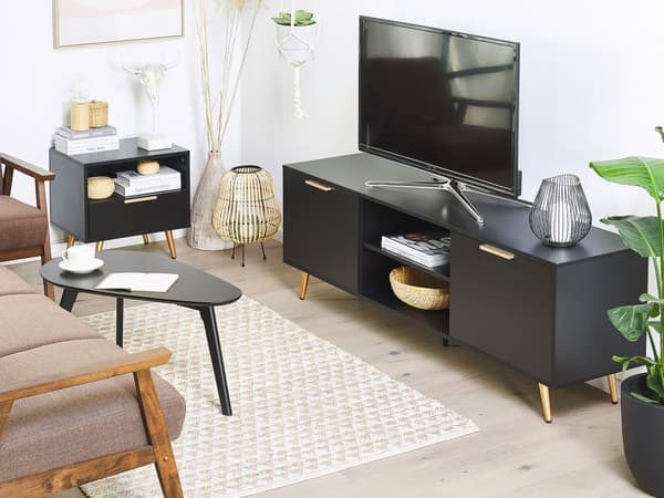 TV-taso musta kahdella kaapilla ja hyllyllä moderni tyyli