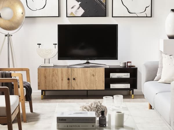 TV-taso musta/vaalea puu metallijalat säilytystila hyllyt kaapit moderni tyyli