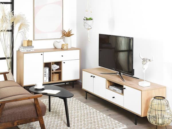 TV-Stander Lyst Træ med Hvidt Træ Skuffeskabe Hylder Kabelstyring