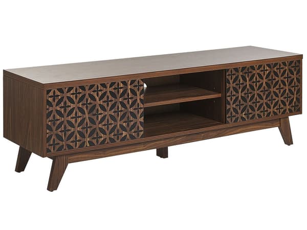 TV Bord Mørkt Træ 140 x 40 x 45 cm Lav Fjernsynsbord med Skab Døre og Skuffer Opbevaring Tvbænk Stuen Tilbehør Tv Møbel med Kabelgennemføring